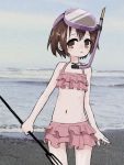  1girl absurdres bikini bikini_skirt brown_eyes brown_hair cowboy_shot diving_mask frilled_bikini frills harpoon highres holding kill_me_baby looking_at_viewer nadegata navel ocean oribe_yasuna parted_lips photo_background pink_bikini snorkel solo standing swimsuit 