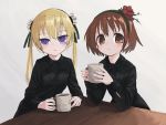 2girls absurdres blonde_hair brown_eyes brown_hair closed_mouth coffee_mug cup eyebrows_visible_through_hair flower hair_flower hair_ornament hairband highres holding kill_me_baby looking_at_viewer mug multiple_girls nadegata oribe_yasuna parted_lips red_flower short_hair simple_background smile sonya_(kill_me_baby) twintails violet_eyes white_background 