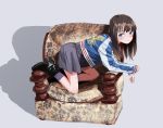  1girl all_fours ankle_boots armchair black_footwear blue_eyes blush boots brown_hair chair closed_mouth from_side grey_background grey_skirt highres jacket long_sleeves looking_at_viewer medium_hair nadegata original purple_legwear skirt socks solo 