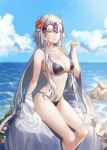  1girl absurdres bangs beach bikini black_bikini breasts day fate/grand_order fate_(series) flower grin hair_flower hair_ornament headpiece highres jeanne_d&#039;arc_(alter)_(fate) jeanne_d&#039;arc_(fate)_(all) large_breasts long_hair looking_at_viewer navel off_shoulder outdoors parted_lips sidelocks silver_hair sitting smile solo ssuel stomach swimsuit thighs tsurime yellow_eyes 