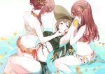  3girls alstroemeria_(idolmaster) alternate_hairstyle armpits arms_up ass back bangs bare_shoulders bikini black_bikini blush brown_eyes brown_hair eye_contact eyebrows_visible_through_hair food frilled_bikini frills fruit hair_bun hair_ornament hairclip hand_on_another&#039;s_cheek hand_on_another&#039;s_face hat holding holding_food holding_fruit idolmaster idolmaster_shiny_colors jewelry kuwayama_chiyuki long_hair looking_at_another looking_back lying mango multiple_girls navel necklace on_back oosaki_amana oosaki_tenka open_mouth orange_bikini redhead romi_(346_ura) siblings side-tie_bikini sisters sitting smile straw_hat swimsuit thong twins wading wariza water white_bikini yellow_eyes yuri 