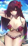  1girl absurdres alternate_costume bikini breasts clouds cloudy_sky commentary_request day fate/grand_order fate_(series) flower hair_intakes hair_ornament hand_in_hair hibiscus highres large_breasts legs_together ocean outdoors pink_bikini purple_bikini purple_hair red_eyes reirou_(chokoonnpu) scathach_(fate)_(all) scathach_(swimsuit_assassin)_(fate) sky smile solo swimsuit waving 