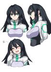  1girl absurdres black_hair bodysuit_under_clothes breasts finger_to_cheek from_side gundam gundam_build_divers gundam_build_divers_re:rise highres i.takashi laughing long_hair may_(gundam_build_divers_re:rise) medium_breasts multiple_views open_mouth shrug_(clothing) sketch smile star_(symbol) upper_body white_background 
