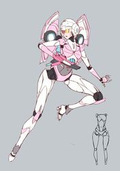  1girl arcee arm_cannon autobot blue_eyes chinese_commentary highres huai_diao_de_zongzi leg_up no_humans open_hand open_mouth sketch solo transformers visor weapon 