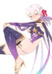  1girl armlet armor bangs bare_shoulders bikini_armor blush bracelet breasts circlet closed_eyes collar detached_sleeves dress earrings fate/grand_order fate_(series) floating floral_print hair_ribbon highres jewelry kama_(fate/grand_order) large_breasts legs long_hair looking_at_viewer metal_collar pelvic_curtain purple_dress purple_legwear purple_sleeves red_ribbon revision ribbon silver_hair thigh-highs thighlet zenshin 