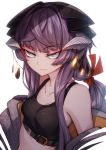  1girl bangs bare_shoulders breasts cluseller eyebrows_visible_through_hair highres horn_ornament horns long_hair original ponytail purple_hair simple_background solo sportswear violet_eyes white_background 