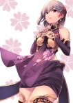  1girl absurdres armlet armor bangs bare_shoulders bikini_armor bracelet breasts collar detached_sleeves dress earrings fate/grand_order fate_(series) floral_print hair_ribbon highres jewelry kama_(fate/grand_order) looking_at_viewer metal_collar miniskirt pelvic_curtain purple_dress purple_legwear purple_skirt purple_sleeves red_eyes red_ribbon ribbon ring sh22 short_hair silver_hair skirt small_breasts thigh-highs thighlet thighs 