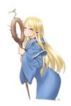  1girl bai_linqin blonde_hair blue_eyes blue_robe check_copyright choker copyright_request dungeon_meshi elf eyebrows_visible_through_hair highres holding holding_staff long_hair long_sleeves parted_lips plant pointy_ears red_choker robe signature simple_background smile solo sprout staff white_background wide_sleeves 