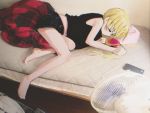  1girl bare_legs barefoot bed black_shirt black_shorts blonde_hair cellphone charging_device closed_mouth fan kill_me_baby long_hair lying nadegata on_bed on_side phone shirt shorts smartphone solo sonya_(kill_me_baby) 
