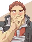  1boy bara beard blush brown_eyes brown_hair bunta_ru chest close-up facial_hair finger_to_nose gunzo_(tokyo_houkago_summoners) highres looking_at_viewer male_focus muscle scar smile solo thick_eyebrows tokyo_houkago_summoners upper_body 