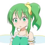  1girl cato_(monocatienus) collarbone daiyousei eyebrows_visible_through_hair fairy_wings green_eyes green_hair hair_ribbon halterneck off_shoulder open_mouth ribbon side_ponytail sidelocks simple_background solo touhou upper_body white_background wings yellow_ribbon 
