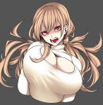 1girl bangs blonde_hair bouncing_breasts breasts camui_kamui cleavage_cutout commentary_request fang grey_background hair_between_eyes highres large_breasts long_hair long_sleeves open_mouth original red_eyes sweater turtleneck turtleneck_sweater upper_body white_sweater 