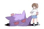  1girl black_eyes black_legwear blue_footwear brown_eyes brown_hair clefairy gen_1_pokemon gengar ghost hood hoodie hoodie_tug newo_(shinra-p) pokemon pokemon_(creature) ponytail red_sclera shoes skirt skirt_tug stuffed_toy 