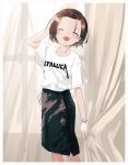  1girl :d absurdres black_skirt blush border brown_hair closed_eyes cowboy_shot curtains facing_viewer highres merchandise metallica nadegata open_mouth original shirt short_hair short_sleeves skirt smile solo standing white_border white_shirt 