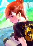  1girl absurdres akisame_kanon bangs black_shirt blush breasts brown_eyes brown_hair clouds commentary_request day eyelashes grass hand_on_own_neck highres huge_filesize knee_pads looking_at_viewer looking_back outdoors parted_lips pokemon pokemon_(game) pokemon_swsh shiny shiny_hair shirt short_hair short_sleeves sky solo sweat teeth tree yuuri_(pokemon) 