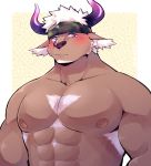  1boy abs animal_ears bara chest chest_hair dark_skin dark_skinned_male furry headband horns looking_at_viewer male_focus muscle nipples pectorals purple_horns shennong_(tokyo_afterschool_summoners) simple_background solo tokyo_houkago_summoners udon_oneday upper_body violet_eyes white_hair 