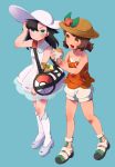  2girls :d alternate_costume arm_up asymmetrical_bangs bag bangs bare_shoulders black_hair blue_background blue_footwear blush brown_eyes brown_hair brown_headwear collared_dress commentary_request cosplay dress duffel_bag flower food full_body gen_8_pokemon green_eyes green_footwear hand_in_hair hat hat_flower highres holding holding_food in_bag in_container iroidori4422 kneehighs lillie_(pokemon) lillie_(pokemon)_(cosplay) long_hair looking_at_another mary_(pokemon) mizuki_(pokemon) mizuki_(pokemon)_(cosplay) morpeko morpeko_(full) multiple_girls open_mouth orange_shirt poke_ball_theme pokemon pokemon_(creature) pokemon_(game) pokemon_swsh pokemon_usum red_flower shirt shoes short_hair shorts shoulder_bag simple_background sleeveless sleeveless_dress sleeveless_shirt smile spaghetti_strap standing sun_hat sundress white_dress white_headwear white_legwear white_shorts yuuri_(pokemon) 