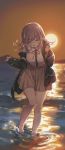  1girl absurdres bangs bare_legs black_jacket blurry blurry_background blush breasts brown_hair brown_skirt closed_eyes commentary_request dangan_ronpa eyebrows_visible_through_hair flipped_hair hair_ornament hairclip highres hood hooded_jacket huge_filesize io_(sinking=carousel) jacket large_breasts long_hair long_sleeves nanami_chiaki neck_ribbon ocean off-shoulder_jacket open_clothes open_jacket open_mouth pink_neckwear pink_ribbon pleated_skirt ribbon shirt skirt sleeves_past_wrists smile solo sun sunset super_dangan_ronpa_2 wading water white_shirt 