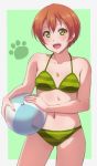  1girl :d ball beachball bikini collarbone cowboy_shot flat_chest green_background green_bikini green_eyes halterneck holding holding_ball holding_beachball hoshizora_rin looking_at_viewer love_live! love_live!_school_idol_project navel open_mouth paw_print short_hair smile solo striped striped_bikini swimsuit turkey_min 