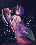  1girl absurdres bangs bare_shoulders bob_cut breasts collarbone eyeliner fangs fate/grand_order fate_(series) food fruit fruit_bowl grapes highres horns japanese_clothes kimono long_sleeves looking_at_viewer makeup navel off_shoulder oni oni_horns open_clothes open_kimono open_mouth peach petals purple_hair purple_kimono revealing_clothes revision ripples sawarineko short_hair shuten_douji_(fate/grand_order) skin-covered_horns small_breasts smile thighs violet_eyes wading water wide_sleeves 