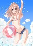  1girl ball beachball bikini blue_sky breasts brown_eyes brown_hair clouds commentary_request cowboy_shot denim denim_shorts high_ponytail highres kantai_collection koda light_brown_hair long_hair looking_at_viewer short_shorts shorts sky small_breasts smile soaking_feet solo standing striped striped_bikini swimsuit water waving zuihou_(kantai_collection) 