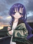  1girl absurdres blue_sky blush closed_mouth goshiki_agiri green_jacket highres jacket kill_me_baby long_sleeves looking_at_viewer nadegata open_clothes open_jacket purple_hair shirt sky solo standing violet_eyes white_shirt 