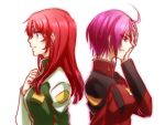 2girls bangs closed_mouth eyebrows_visible_through_hair from_side green_jacket gundam gundam_seed gundam_seed_destiny hair_between_eyes jacket long_hair long_sleeves lunamaria_hawke meyrin_hawke military_jacket morihaw multiple_girls pink_hair profile red_jacket redhead shiny shiny_hair short_hair simple_background sketch tears upper_body violet_eyes white_background