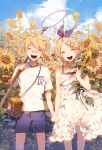  1boy 1girl ahoge bandaid blonde_hair butterfly_net closed_eyes clouds cloudy_sky dress fajyobore323 flower hair_ornament hairclip hand_net holding_hands kagamine_len kagamine_rin plant shirt short_hair shorts siblings sky smile standing sunflower twins vocaloid white_dress 