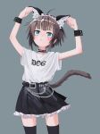  1girl absurdres ahoge animal_ears belt black_legwear black_skirt blue_eyes blush cat_ears cat_tail chain clothes_writing collar cowboy_shot eyebrows_visible_through_hair grey_background hands_up highres maid_headdress nadegata original parted_lips short_hair simple_background skirt solo spiked_collar spikes standing tail thigh-highs wrist_cuffs 