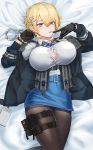  1girl bangs bed_sheet black_gloves black_jacket black_legwear blonde_hair blue_eyes blue_neckwear blue_skirt blush breasts button_gap collared_shirt commentary cuffs dano finger_to_mouth from_above girls_frontline gloves hair_between_eyes hair_ornament handcuffs highres holding holster jacket large_breasts long_sleeves looking_at_viewer lying mole mole_under_eye on_back open_clothes open_mouth pantyhose pencil_skirt shirt short_hair skirt snowflake_hair_ornament solo thigh_holster thigh_strap tongue tongue_out vsk-94_(girls_frontline) white_shirt 