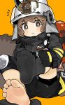  1girl absurdres arknights barefoot black_gloves black_jacket black_legwear black_shorts blush brown_eyes brown_hair dressing eyebrows eyebrows_visible_through_hair eyelashes feet fire_extinguisher firefighter gloves headgear helmet highres jacket looking_at_viewer menla no_shoes on_floor orange_background shaw_(arknights) short_hair shorts simple_background sitting socks soles solo tail toes underwear 