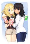  2girls andou_(girls_und_panzer) bangs belt black_belt black_hair blonde_hair blue_eyes blue_pants blush bracelet brown_eyes casual commentary cropped_legs cup dark_skin drinking_glass drinking_straw food girls_und_panzer grey_shorts holding holding_cup holding_food hug jewelry licking_lips long_sleeves looking_at_another looking_at_viewer looking_back medium_hair messy_hair multiple_girls oshida_(girls_und_panzer) pants parfait shirt short_shorts short_sleeves shorts standing t-shirt tan3charge tongue tongue_out white_shirt 