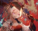  1girl arknights bandeau blurry breasts depth_of_field dragon dragon_horns fire hand_up horns jacket long_hair long_sleeves looking_at_viewer medium_breasts natsuiro_xx nian_(arknights) open_clothes open_jacket open_mouth pointy_ears ponytail sidelocks silver_hair solo upper_body violet_eyes white_jacket wide_sleeves 
