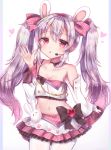  1girl absurdres animal_ears azur_lane bangs baozi bare_shoulders blush bow breasts detached_sleeves eyebrows_visible_through_hair fake_animal_ears food hair_between_eyes hair_bow hairband hand_up headset heart highres himeno_candy idol jacket laffey_(azur_lane) laffey_(halfhearted_bunny_idol)_(azur_lane) leggings long_hair long_sleeves looking_at_viewer microphone midriff navel open_mouth pink_jacket pink_skirt plaid plaid_skirt pleated_skirt rabbit_ears red_eyes ribbon simple_background skirt solo twintails waving white_hair white_legwear 