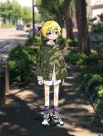  1girl absurdres blonde_hair blush_stickers car closed_mouth eyebrows_visible_through_hair green_jacket ground_vehicle highres jacket kill_me_baby long_hair long_sleeves looking_at_viewer motor_vehicle nadegata outdoors photo_background purple_legwear shoes socks solo sonya_(kill_me_baby) standing tree twintails 