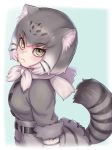  1girl animal_ear_fluff animal_ears bangs belt cat_ears cat_tail commentary_request eyebrows_visible_through_hair frown fur-trimmed_sleeves fur_trim gradient_hair green_eyes grey_hair grey_shirt highres kemono_friends kosai_takayuki looking_at_viewer multicolored_hair pallas&#039;s_cat_(kemono_friends) shirt simple_background skirt solo tail white_hair 