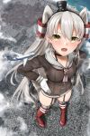  1girl aircraft airplane amatsukaze_(kantai_collection) black_choker blush brown_dress choker clouds destruction dress footprints from_above garter_straps giantess gloves hair_tubes hands_on_hips hat highres kantai_collection long_hair long_sleeves looking_at_viewer mini_hat open_mouth rakia_(ds00309) red_legwear sailor_collar sailor_dress silver_hair size_difference solo standing striped striped_legwear thigh-highs twintails very_long_hair white_gloves windsock yellow_eyes 