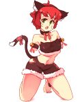  1girl :o amputee animal_ear_fluff animal_ears armband bare_shoulders barefoot bell bell_choker black_choker cat_ears cat_tail choker double_amputee english_commentary fake_animal_ears full_body fur-trimmed_shorts fur_trim green_eyes hairband jingle_bell katawa_shoujo kneeling looking_at_viewer midriff navel no_arms redhead rtil short_hair short_shorts shorts simple_background solo tail tail_ornament tezuka_rin whisker_markings white_background 