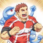  1boy abs bara brown_hair bunta_ru cheering chest facial_hair gunzo_(tokyo_houkago_summoners) male_focus muscle pectorals scar spirit thick_eyebrows tokyo_houkago_summoners upper_body 