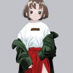  1girl absurdres blush_stickers brown_hair closed_mouth coat cowboy_shot green_coat grey_background grey_eyes highres long_sleeves looking_at_viewer nadegata off-shoulder_coat red_skirt shirt short_hair simple_background skirt sleeves_past_fingers sleeves_past_wrists solo standing white_shirt 