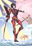  1girl absurdres autobot blue_eyes breasts chinese_commentary highres holding holding_sword holding_weapon huai_diao_de_zongzi katana looking_down mechanical_wings navel open_hand small_breasts solo sword transformers waves weapon windblade wings 