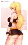  1girl ahoge alternate_costume arm_at_side artist_name ass back back_cutout bangs bare_shoulders black_shorts blonde_hair bluefield breasts commentary crop_top eyebrows_visible_through_hair from_behind highres large_breasts long_hair looking_at_viewer looking_back midriff patreon_logo patreon_username rwby short_shorts shorts smile solo sports_bra sweat thighs violet_eyes watermark web_address wristband yang_xiao_long 