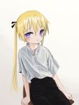  1girl absurdres black_pants blonde_hair blush chair closed_mouth highres kill_me_baby looking_at_viewer nadegata pants shirt short_sleeves simple_background sitting solo sonya_(kill_me_baby) twintails violet_eyes white_background white_shirt 