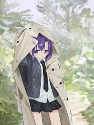  1girl absurdres black_neckwear black_skirt blurry blurry_background closed_mouth coat collared_shirt cowboy_shot depth_of_field goshiki_agiri grey_coat grey_jacket highres jacket kill_me_baby long_hair looking_at_viewer nadegata necktie pleated_skirt purple_hair rain shirt skirt solo standing violet_eyes white_shirt wing_cap wing_collar 