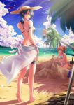  1boy 2girls absurdres barefoot beach bikini black_bikini blonde_hair blue_hair blue_sky breasts clouds day from_behind full_body hair_between_eyes hat hat_ribbon highres kanoukawa_hiro medium_breasts multiple_girls nude ocean original outdoors palm_tree profile red_ribbon ribbon sarong shiny shiny_hair short_hair shoulder_blades side-tie_bikini sideboob signature sky small_breasts striped striped_bikini summer sun_hat swimsuit thigh_strap tree twintails wristband yellow_headwear 