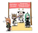  4girls animal_ears arknights artist_request clueless embarrassed english_text fox_ears fox_tail hard_translated horns hoshiguma_(arknights) ifrit_(arknights) liskarm_(arknights) medal multiple_girls oni oni_horns owl_ears silence_(arknights) single_horn tail third-party_edit 