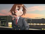  1girl absurdres blush brown_eyes brown_hair collared_shirt double-breasted grey_jacket highres jacket kill_me_baby letterboxed nadegata necktie oribe_yasuna outdoors parted_lips photo_background red_neckwear shirt short_hair solo white_shirt wing_collar 