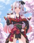  1girl blurry blurry_background cherry_blossoms collarbone hair_between_eyes hair_ornament highres hololive horns japanese_clothes looking_at_viewer machete nakiri_ayame oni_horns open_mouth silver_hair sky solo virtual_youtuber 