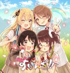  4girls :d :o ;d absurdres ball bangs black_ribbon blonde_hair blue_sky blush bow brown_eyes brown_hair brown_skirt clouds cloudy_sky collared_shirt commentary_request day eyebrows_visible_through_hair fang fingernails glasses golf_ball golf_club hair_between_eyes hair_ribbon hands_up highres holding holding_ball huge_filesize long_hair low_twintails multiple_girls one_eye_closed open_mouth original outdoors outstretched_arm petals pleated_skirt rainbow red_bow revision ribbon sakura_oriko semi-rimless_eyewear shirt short_hair short_sleeves skirt sky smile sweat sweater_vest swing!! twintails two_side_up under-rim_eyewear v v-shaped_eyebrows very_long_hair white_shirt 