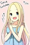  1girl :d alternate_hairstyle blonde_hair blue_dress blue_eyes blush breasts casual character_name commentary dated dot_nose dress forehead hair_down highres hitoribocchi_no_marumaru_seikatsu katsuwo_(cr66g) long_hair looking_at_viewer open_mouth outline own_hands_together pink_background simple_background sleeveless sleeveless_dress smile solo sotoka_rakita standing translation_request upper_body very_long_hair white_outline 